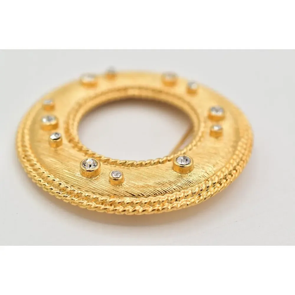 Vintage Chunky Round Pin Brooch Textured Matte Rhinestone Crystal Heavy 1980s 9B